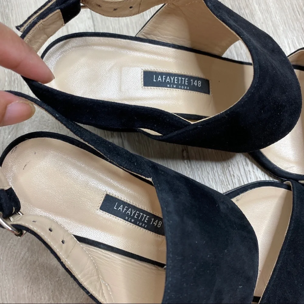 Lafayette 148 New York Black Suede Strappy Block Heel Sandals